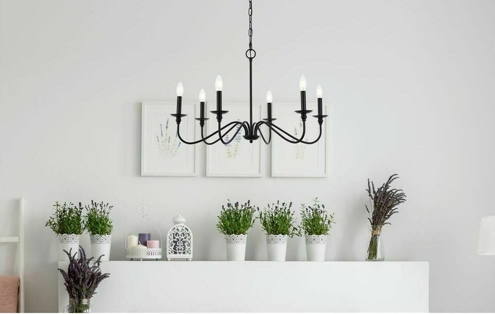 Living District Rohan Matte Black 6 Light Chandelier 30 Inch: Living District Rohan Matte Black 6 Light Chandelier 30 Inch This farmhouse French country chandelier features a six-light design with a matte black metal frame in the style of wrought iron. The fixtu