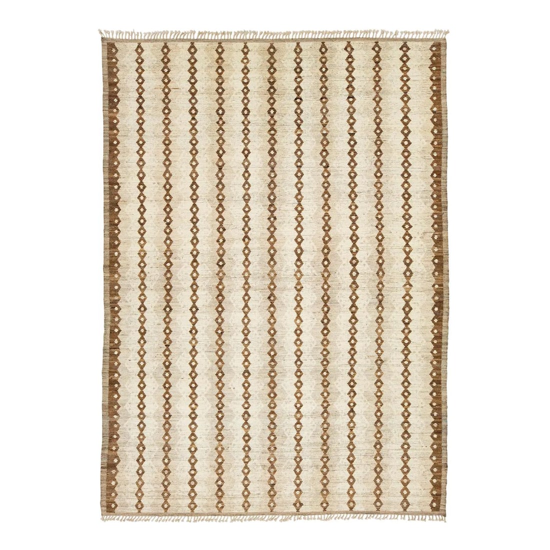 9'9 x 13'5 Handwoven Beige Wool Rug with Vertical Diamond Motifs: 9'9 x 13'5 Handwoven Beige Wool Rug with Vertical Diamond Motifs This handwoven Moroccan-style wool rug features a refined geometric design with vertical diamond-stripe motifs in warm brown tones agai