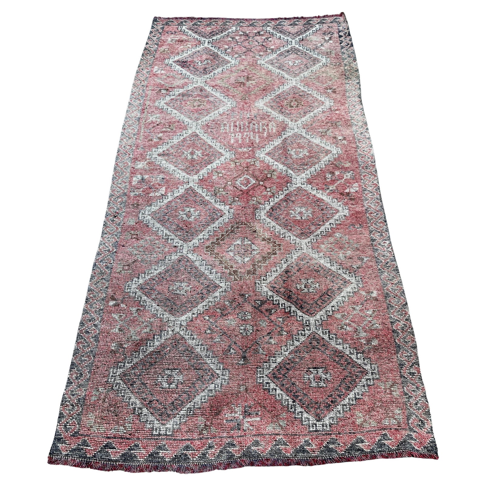 Reservable Distressed Hand-Knotted Wool Caucasian Rug 1994 Signed: Reservable Distressed Hand-Knotted Wool Caucasian Rug 1994 Signed This stunning distressed hand-knotted wool Caucasian rug, signed and dated 1994, features a generous size with a subtle diamond patter