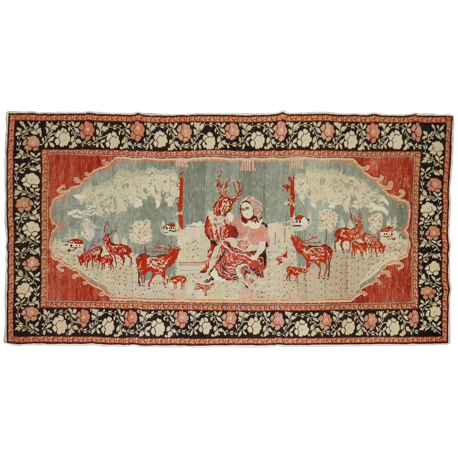 Mid-20th Century Pictorial Reindeer Karabagh Rug Hand-Woven Wool (1 of 8)