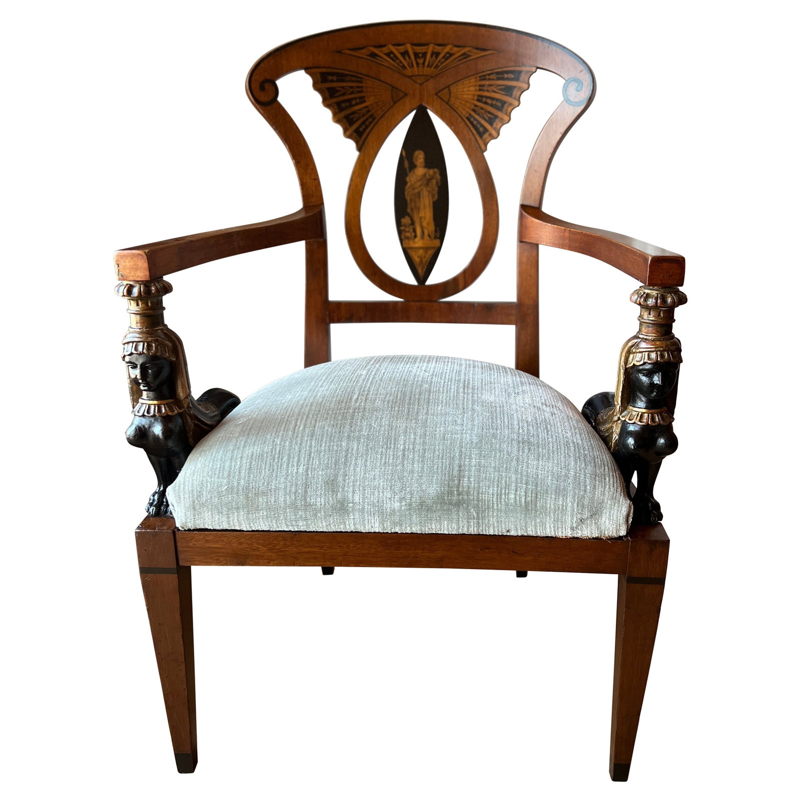 19th Century Italian Neoclassical Egyptian Revival Armchair with Sphinx Supports: 19th Century Italian Neoclassical Egyptian Revival Armchair with Sphinx Supports This remarkable Antique Neoclassical Egyptian Revival Armchair hails from Italy and dates back to the 19th century. Cra