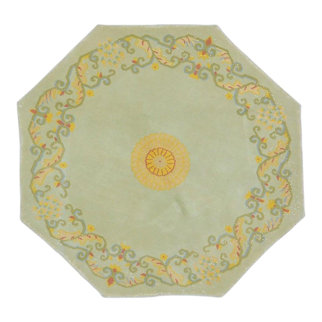 Chinese Art Deco Wool Hand-Knotted Rug 4'5" x 4'7" Vintage Green: Chinese Art Deco Wool Hand-Knotted Rug 4'5" x 4'7" Vintage Green This vintage Chinese Art Deco rug is hand-knotted from wool using traditional techniques. The design combines classic artistry with a m