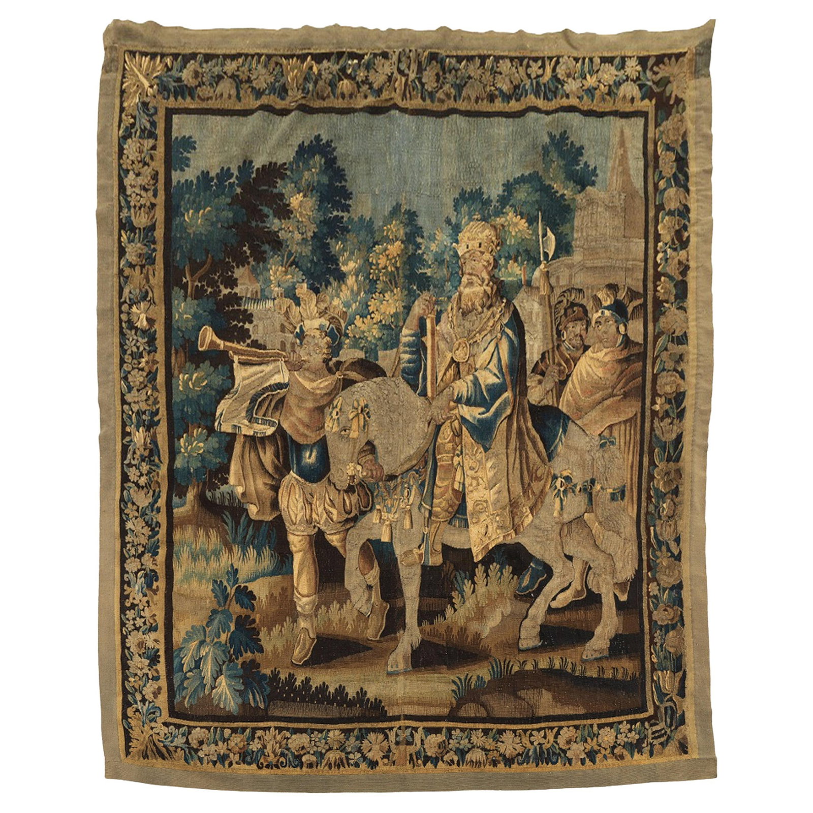 Mid 1700s French Wool Tapestry Depicting Charlemagne Arrival Scene: Mid 1700s French Wool Tapestry Depicting Charlemagne Arrival Scene This mid-18th century French tapestry depicts the arrival at a castle, featuring a royal horse heralded by a trumpeter and escorted b