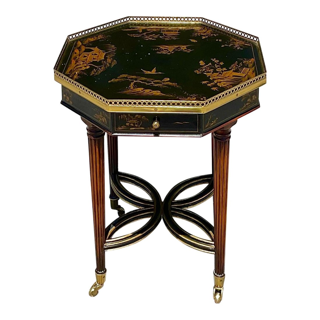 Vintage Brass Chinoiserie Octagon Side Table Elegant Accent: Vintage Brass Chinoiserie Octagon Side Table Elegant Accent Elevate your interior with this Vintage Brass Running Rail and Chinoiserie Octagon Side Table. This piece features exquisite brass accents c
