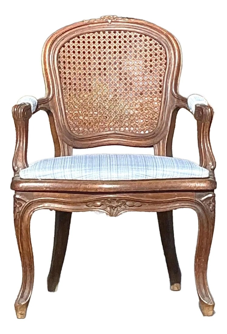 Vintage Regency Cane Fauteuil Chair with Plaid Upholstery: Vintage Regency Cane Fauteuil Chair with Plaid Upholstery Enhance your home with the timeless elegance of this Vintage Regency Cane Fauteuil Chair. Expertly handcrafted, it features a beautifully carv