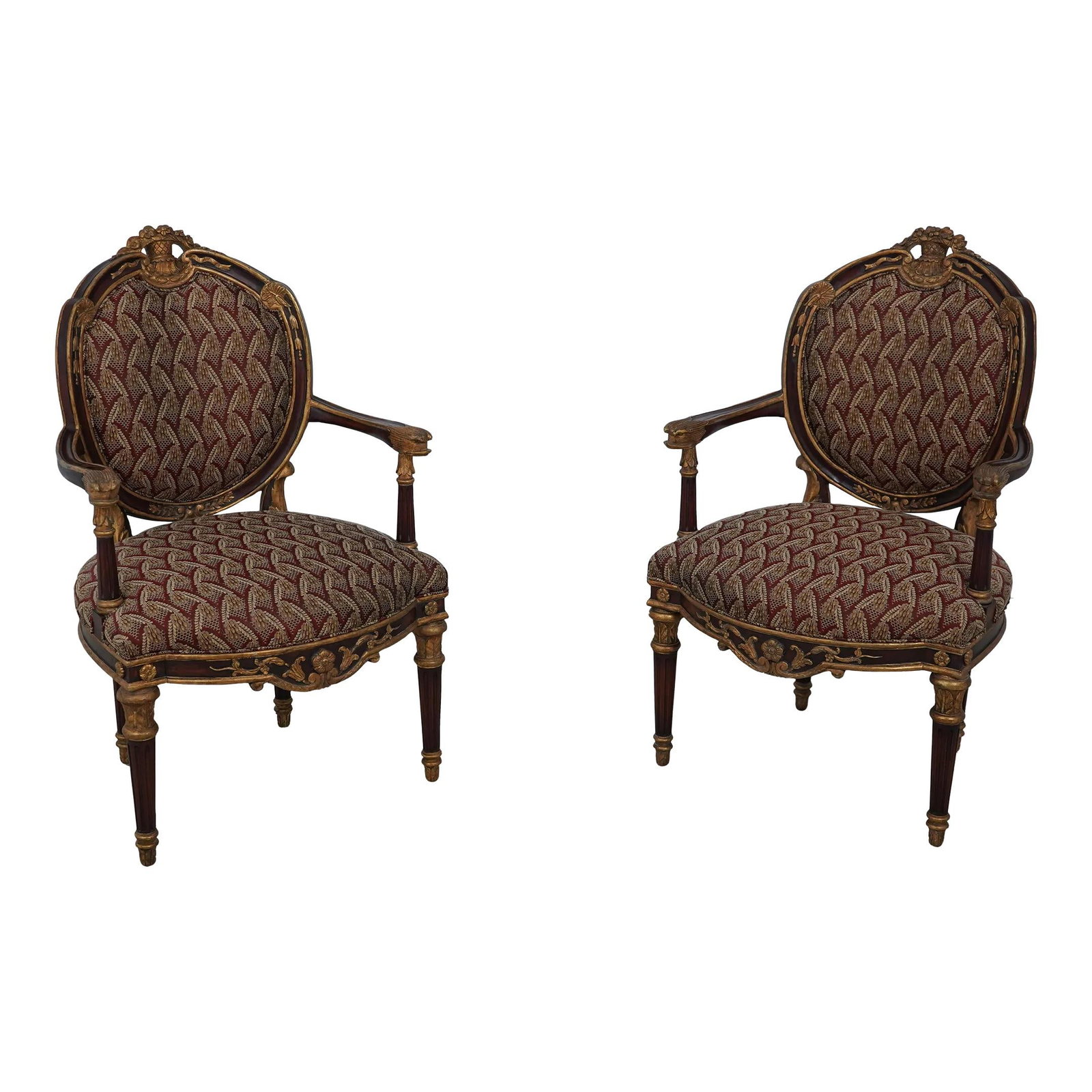 Exquisite French Louis XVI Dolphin Carved Arm Chairs Mahogany: Exquisite French Louis XVI Dolphin Carved Arm Chairs Mahogany These impressive French Louis XVI armchairs are crafted from high-quality mahogany and feature exquisite dolphin face carved arms. The cha
