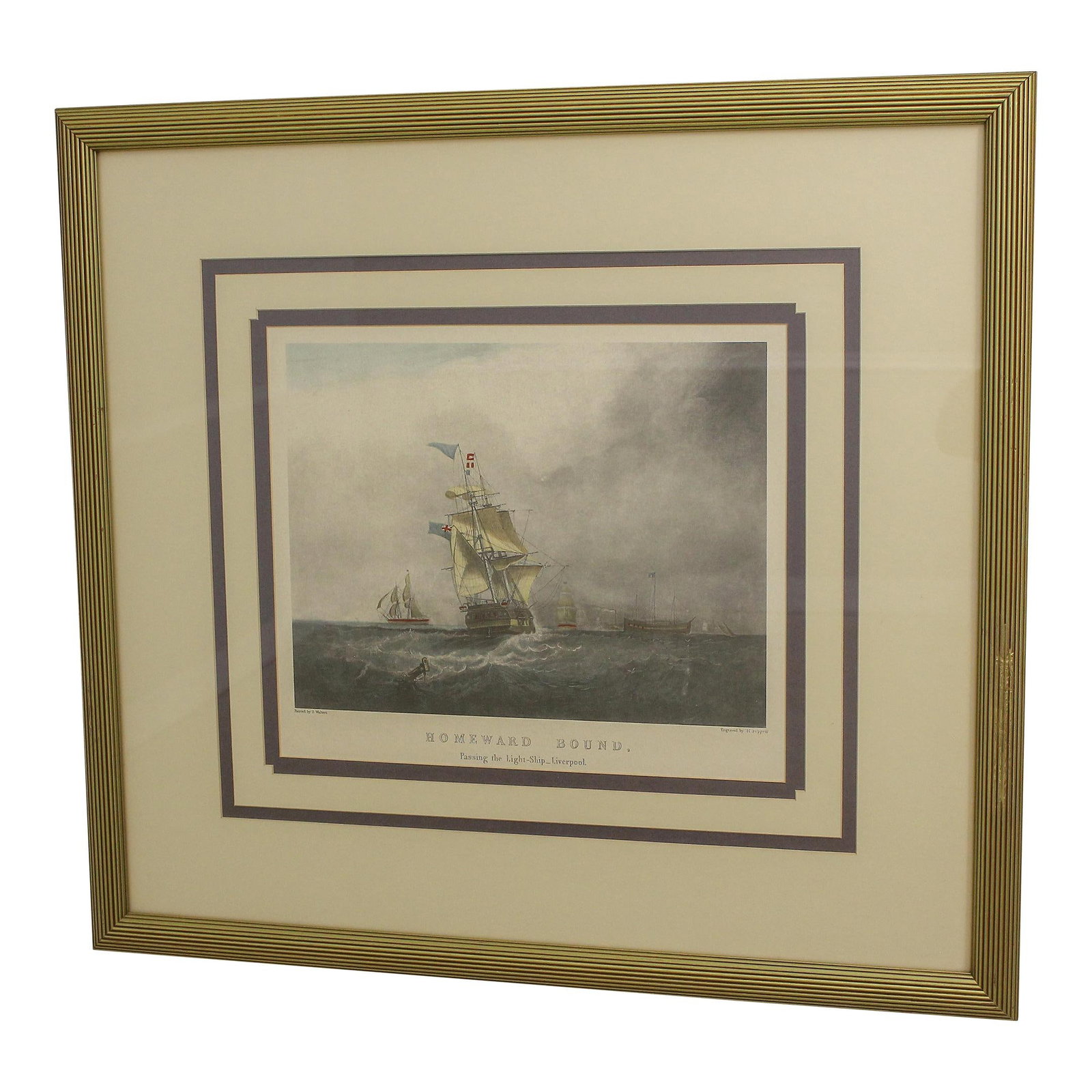 Vintage Homeward Bound Tall Ship Engraving Professionally Framed 29 x 26: Vintage Homeward Bound Tall Ship Engraving Professionally Framed 29 x 26 This exquisite framed and matted vintage engraving titled "Homeward Bound" showcases a stunning tall ship, set against a backdr