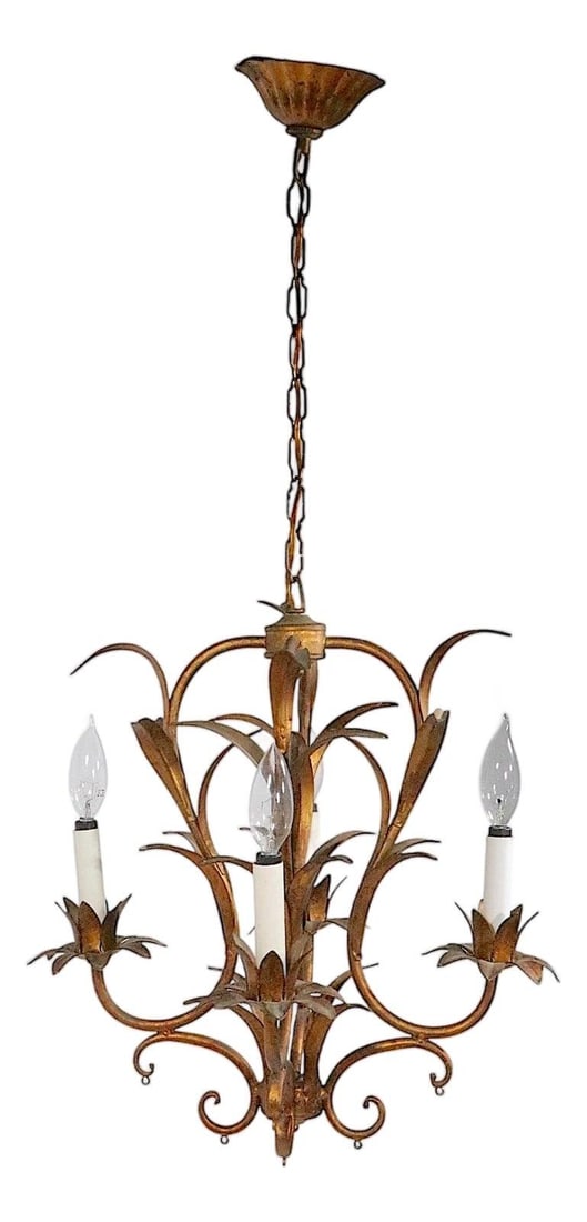 Vintage Italian Gilt Metal Foliate Chandelier 4 Lights Circa 1940s 1960s: Vintage Italian Gilt Metal Foliate Chandelier 4 Lights Circa 1940s 1960s Illuminate your space with this charming four-light gilt metal foliate chandelier, handcrafted in Italy circa 1940/60s. This el