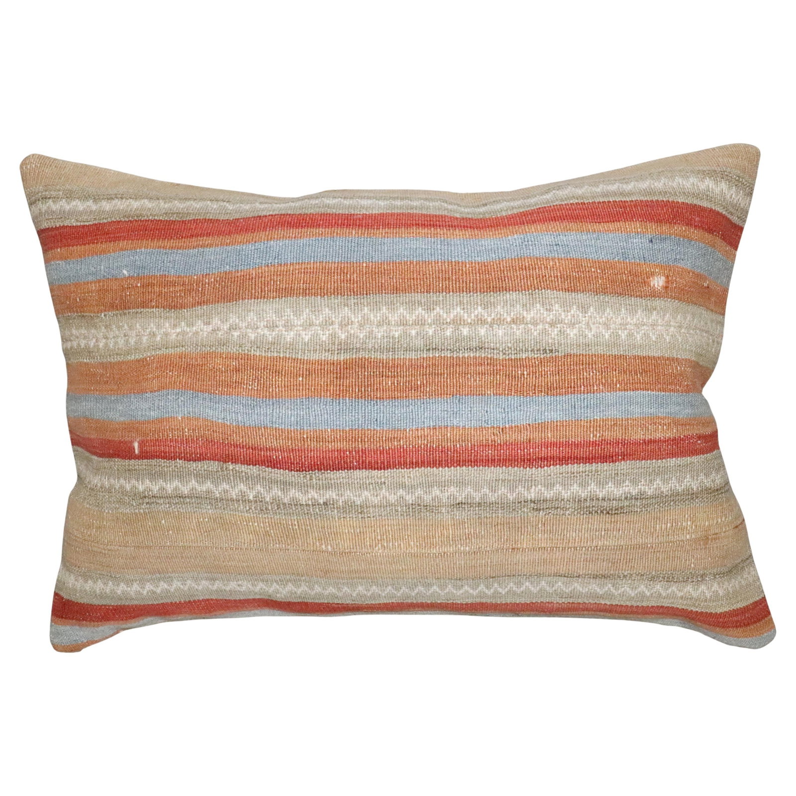 Vintage Turkish Striped Kilim Pillow 16 x 22 Inch Wool Cotton: Vintage Turkish Striped Kilim Pillow 16 x 22 Inch Wool Cotton This pillow is crafted from a vintage striped Turkish kilim, featuring a unique futurist style. Constructed with cotton, wool, and foam, i