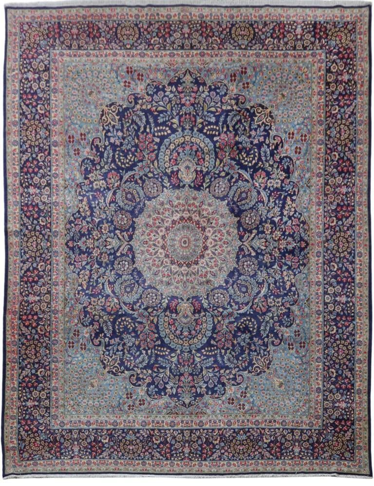 Handcrafted Navy Blue Persian Kerman Rug 10' x 12'10: Handcrafted Navy Blue Persian Kerman Rug 10' x 12'10 Free continental US Shipping Enhance your living space with this stunning 10' x 12' 10" navy blue Persian Kerman rug, handcrafted by skilled Persia