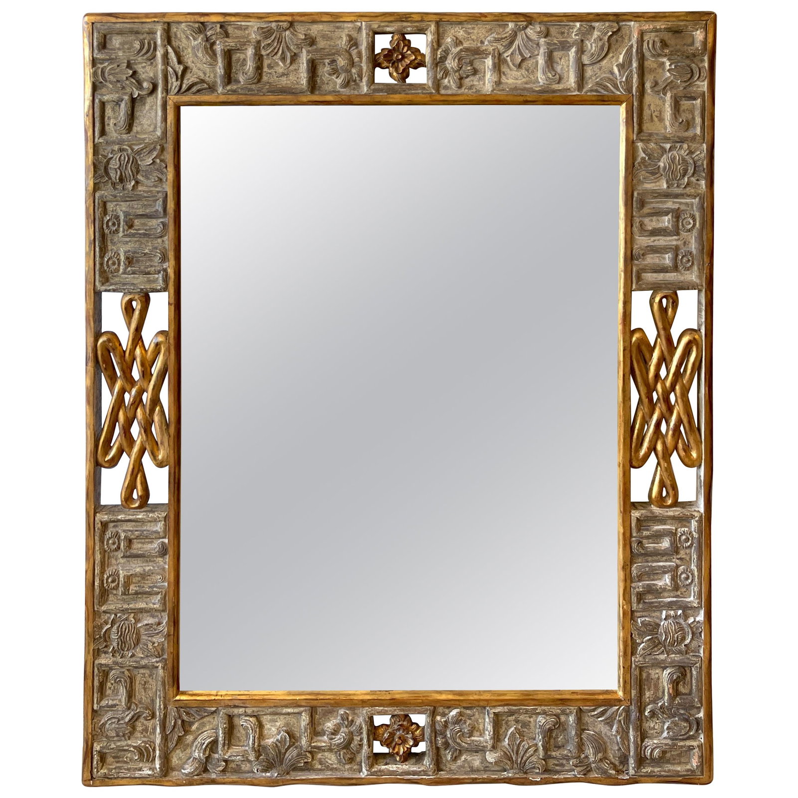 James Mont Style French Modern Gilt Silver Wood Mirror 58.5 x 47.5: James Mont Style French Modern Gilt Silver Wood Mirror 58.5 x 47.5 This stunning French Modern Carved Gilt & Silver Wood Mirror is a striking representation of mid-century modern design, crafted in th