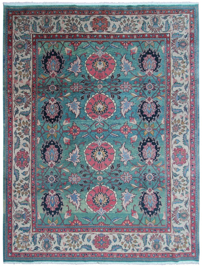 Vintage Sultanabad Mahal Wool Hand Knotted Area Rug 9'8 x 12'9 Circa 1960: Vintage Sultanabad Mahal Wool Hand Knotted Area Rug 9'8 x 12'9 Circa 1960 This is a vintage Persian Sultanabad area rug featuring a bold geometric Arts & Crafts design in shades of green, teal, blue, 