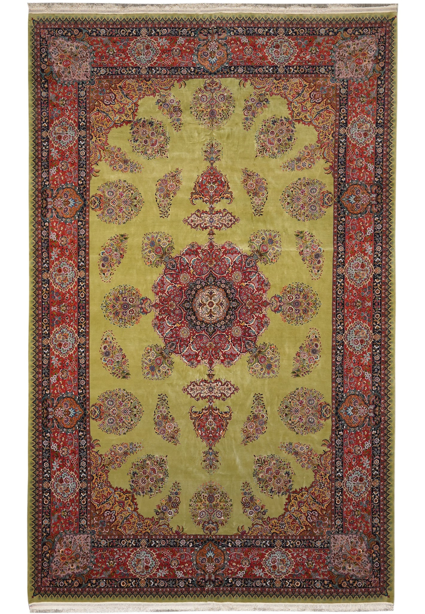 Fine Persian Tabriz Rug 11 x 17.6 Wool Silk on Silk 500 KPSI Green: Fine Persian Tabriz Rug 11 x 17.6 Wool Silk on Silk 500 KPSI Green Free continental US Shipping This fine Persian Tabriz rug is hand-knotted in Iran and features a luxurious blend of wool and silk wov