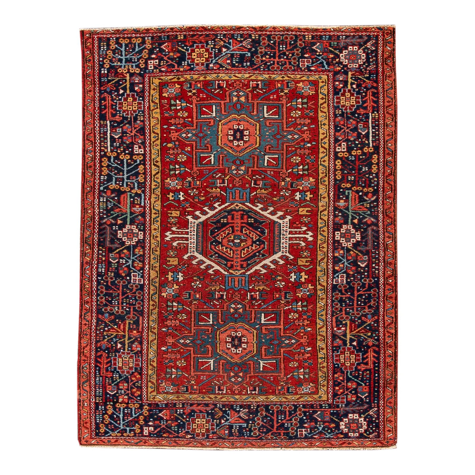 Vintage Persian Heriz Hand-Knotted Red Wool Rug 3'6 x 6: Vintage Persian Heriz Hand-Knotted Red Wool Rug 3'6 x 6 Explore this stunning vintage Persian Heriz rug, expertly hand-knotted from high-quality wool. Featuring a vibrant red color field framed by a d