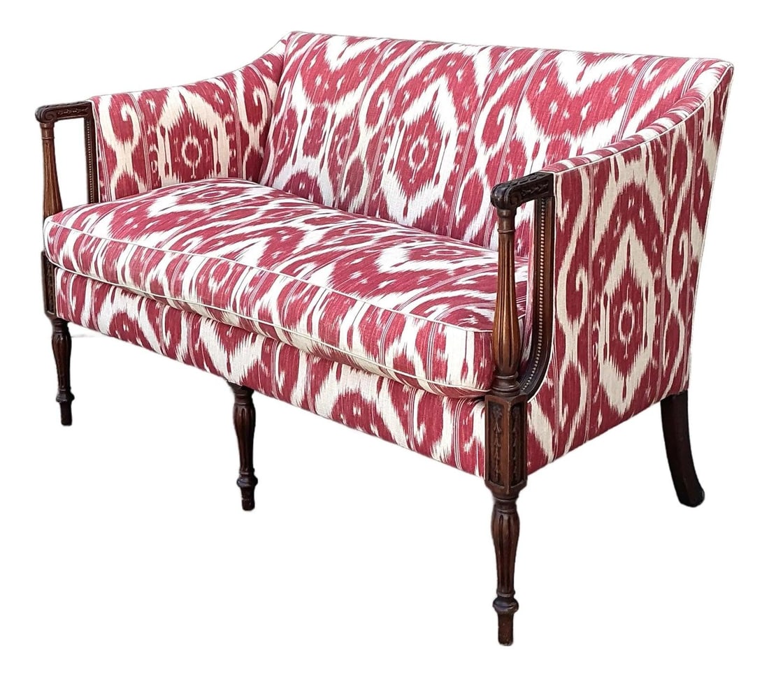 Georgian Style Ikat Upholstered Wood Settee Loveseat (1 of 10)