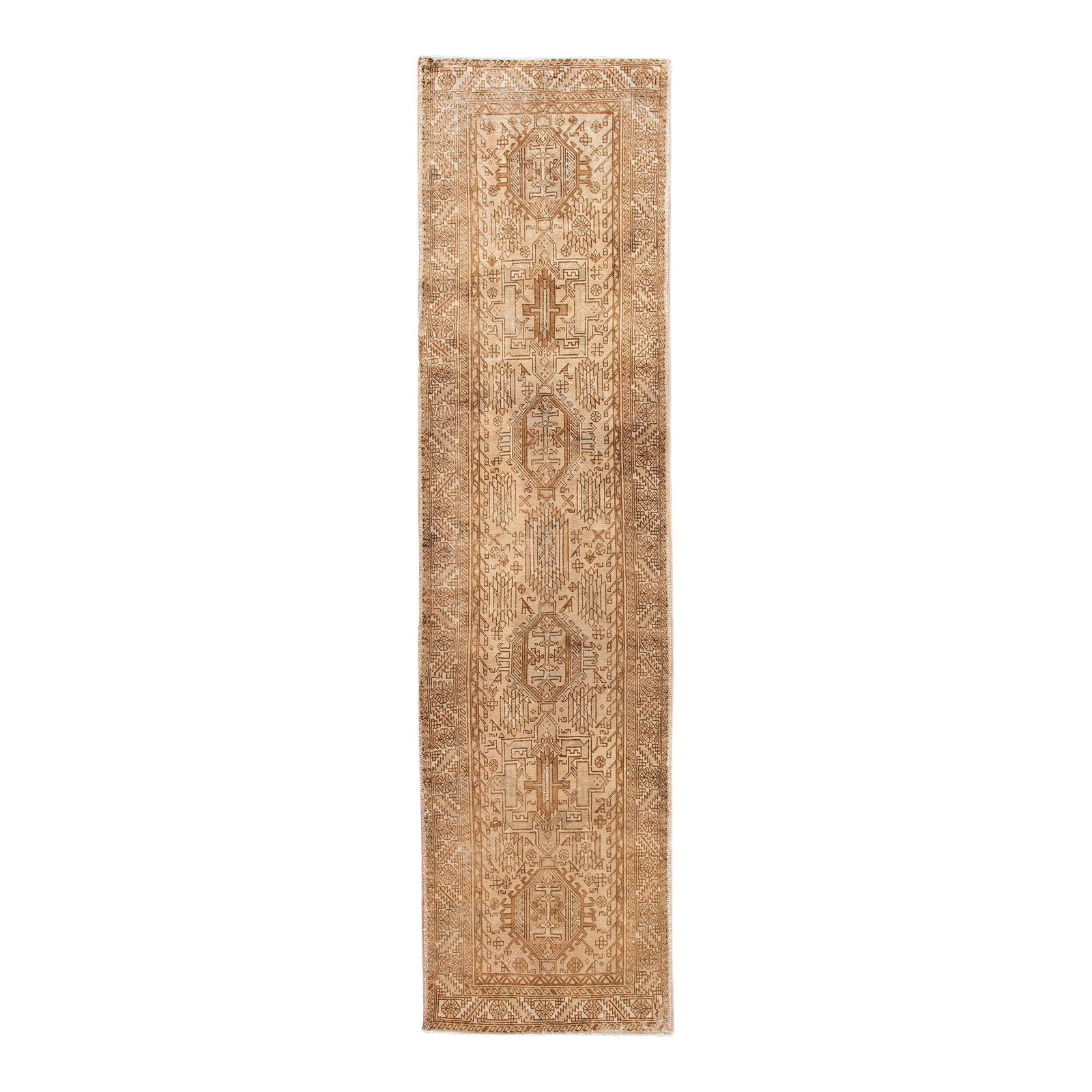 Vintage Persian Heriz Handmade Wool Runner 3'7 x 14 Beige Tribal Design: Vintage Persian Heriz Handmade Wool Runner 3'7 x 14 Beige Tribal Design Enhance your space with this stunning vintage Persian Heriz hand-knotted wool runner from the 1960s. Featuring a warm beige colo