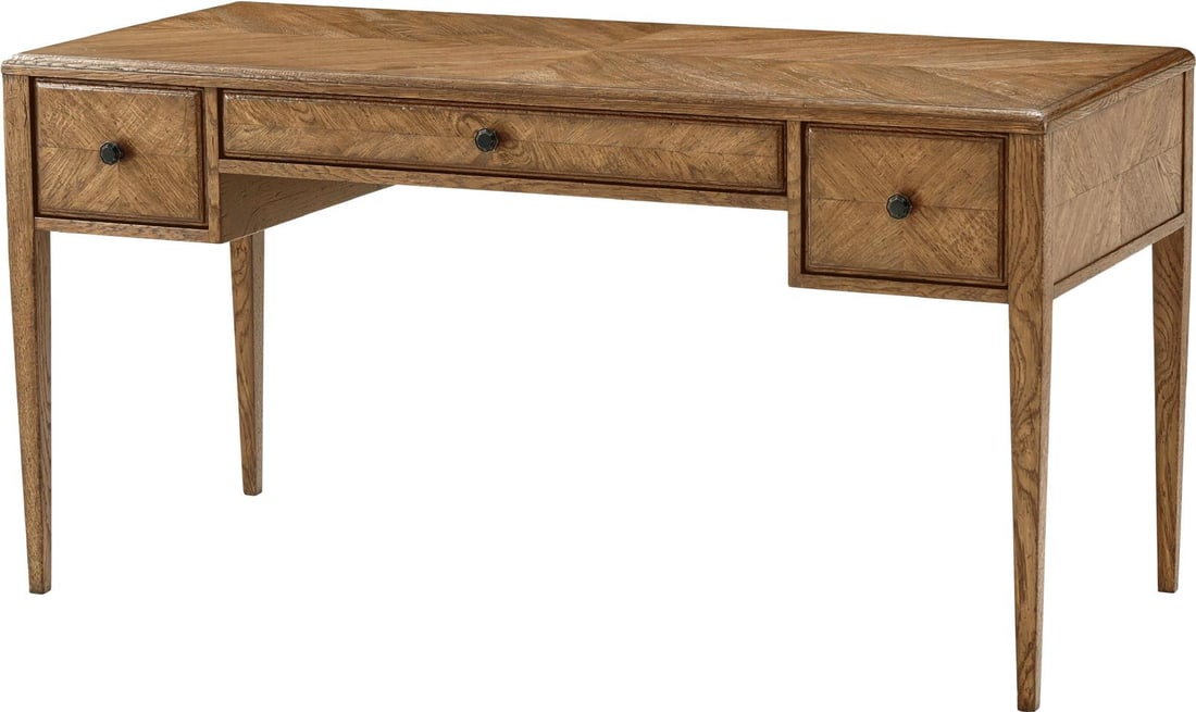 Theodore Alexander Nova Oak Parquetry Desk with Verde Bronze Accents: Theodore Alexander Nova Oak Parquetry Desk with Verde Bronze Accents This stylish writing desk combines elegant design with functionality, featuring a striking oak parquetry surface complemented by di