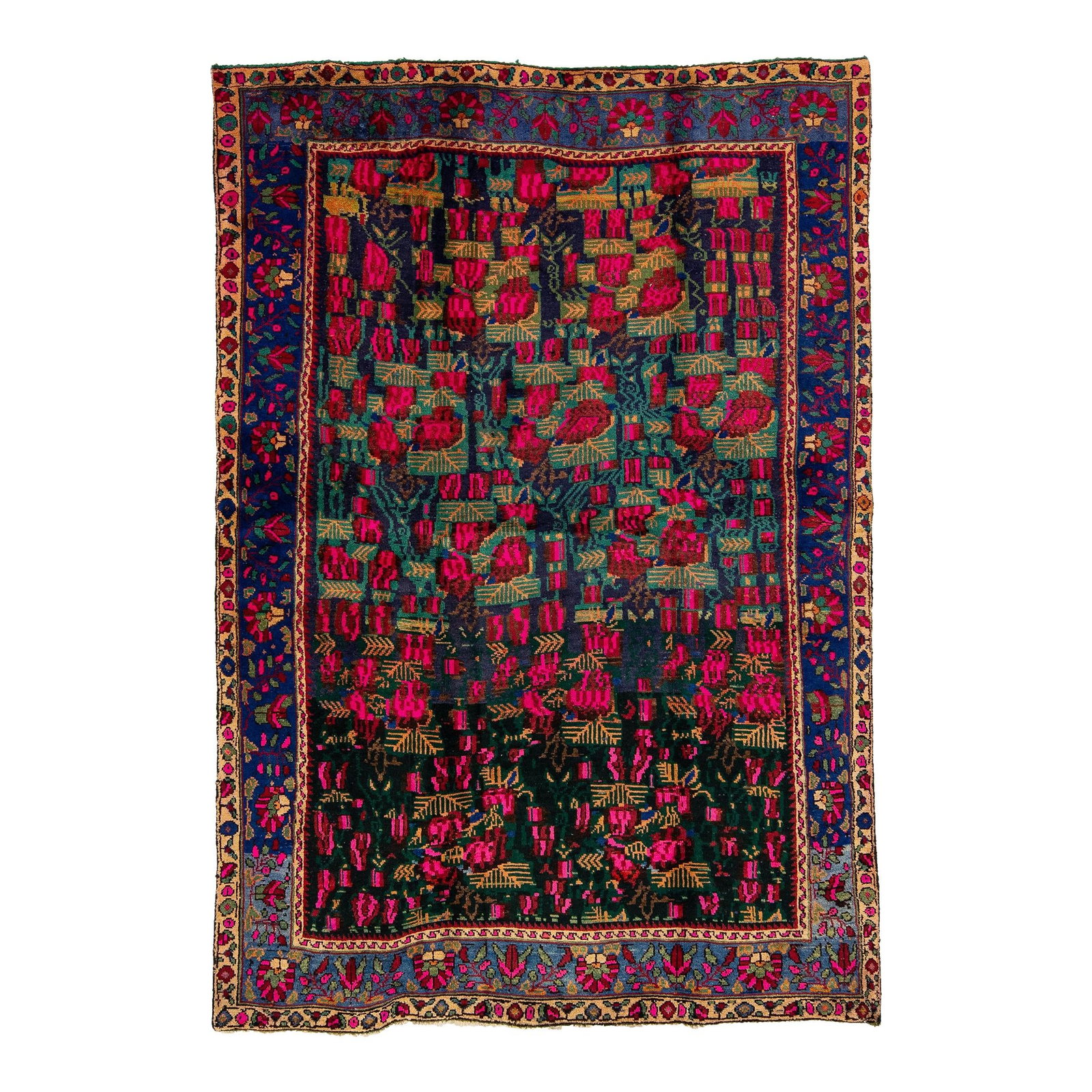 Vintage Handmade Shiraz Purple Floral Wool Rug 4'9 x 6'11: Vintage Handmade Shiraz Purple Floral Wool Rug 4'9 x 6'11 Discover the elegance of this Vintage Handmade Shiraz Wool Rug, featuring a stunning purple color field complemented by a blue frame and