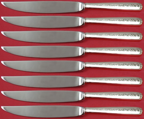 Towle Rambler Rose Sterling Silver 8pc Steak Knife Set: Towle Rambler Rose Sterling Silver 8pc Steak Knife Set This exquisite set of eight steak knives features the elegant Rambler Rose pattern by Towle, crafted from high-quality sterling silver with