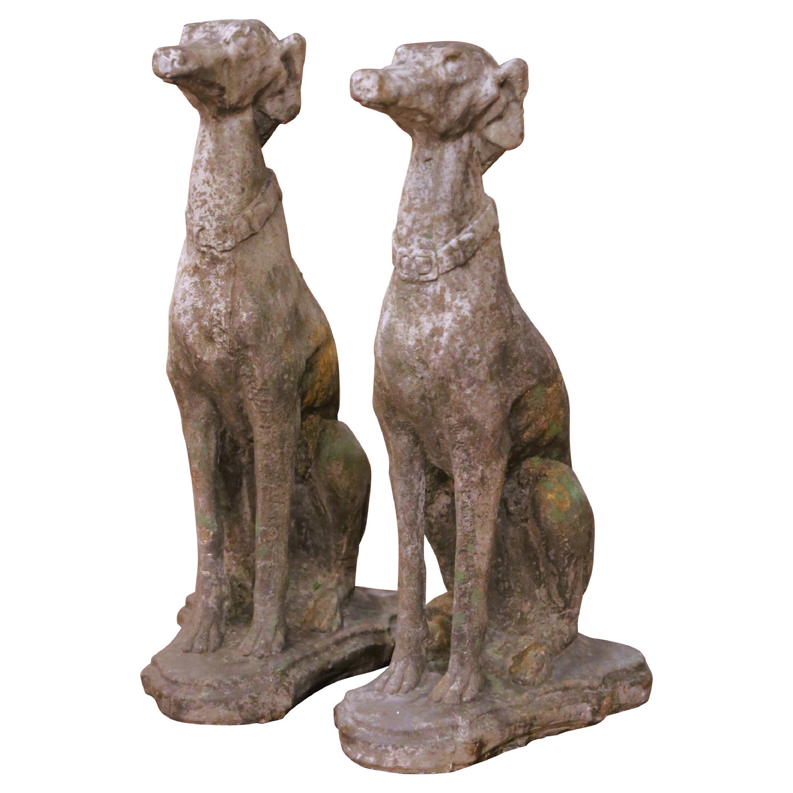 Set of 2 French Hand-Carved Stone Greyhound Outdoor Sculptures: Set of 2 French Hand-Carved Stone Greyhound Outdoor Sculptures This pair of vintage French outdoor greyhound dog sculptures is expertly hand-carved from stone and features a rich patinated, weathered 