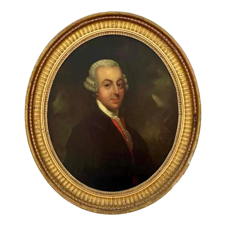 Oval Oil Portrait Painting of Regency Era Gentleman in Gilded Frame: Oval Oil Portrait Painting of Regency Era Gentleman in Gilded Frame This refined 19th century Regency oil portrait features a distinguished gentleman with powdered hair, skillfully rendered with delic