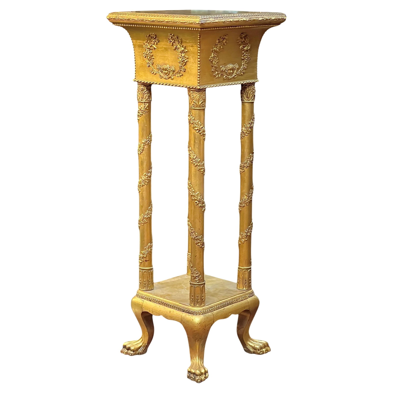 Empire Style French Giltwood Carved Plant Stand with Neoclassical Motifs: Empire Style French Giltwood Carved Plant Stand with Neoclassical Motifs This antique French pedestal or plant stand is crafted in the Empire style, featuring hand-carved wood with a gilt finish. It s