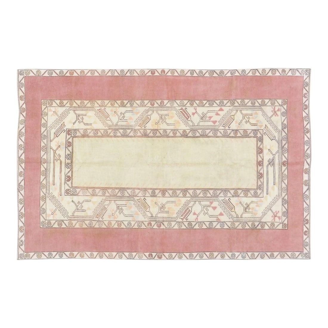 Turkish Oushak Wool Rug Light Green 5'X7'7" Hand Knotted Vintage 1960s: Turkish Oushak Wool Rug Light Green 5'X7'7" Hand Knotted Vintage 1960s This vintage Turkish Oushak rug from the 1960s features a hand-knotted construction with natural colors and a soft texture. Craft
