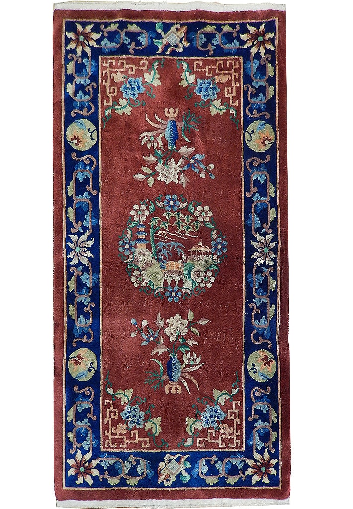 Hand-Knotted 2.5 x 6 Art Deco Chinese Rug Red Brown Floral: Hand-Knotted 2.5 x 6 Art Deco Chinese Rug Red Brown Floral Free continental US Shipping Enhance your living space with this exquisite hand-knotted 2.5 x 6 foot Antique Chinese Art Deco Rug. This remar