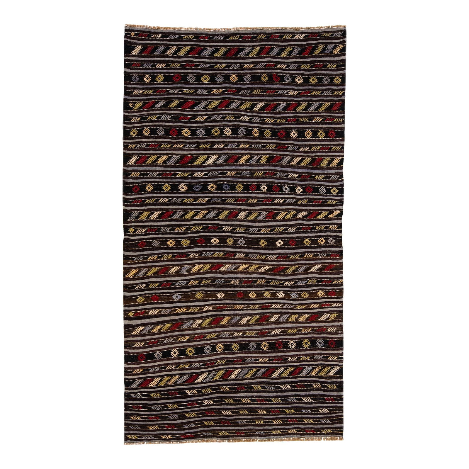 1960s Handmade Brown Geometric Wool Kilim Rug 4'7" x 8'6": 1960s Handmade Brown Geometric Wool Kilim Rug 4'7" x 8'6" Discover the charm of this stunning 1960s Vintage Kilim handmade wool rug featuring a rich brown field adorned with vibrant multicolor accents