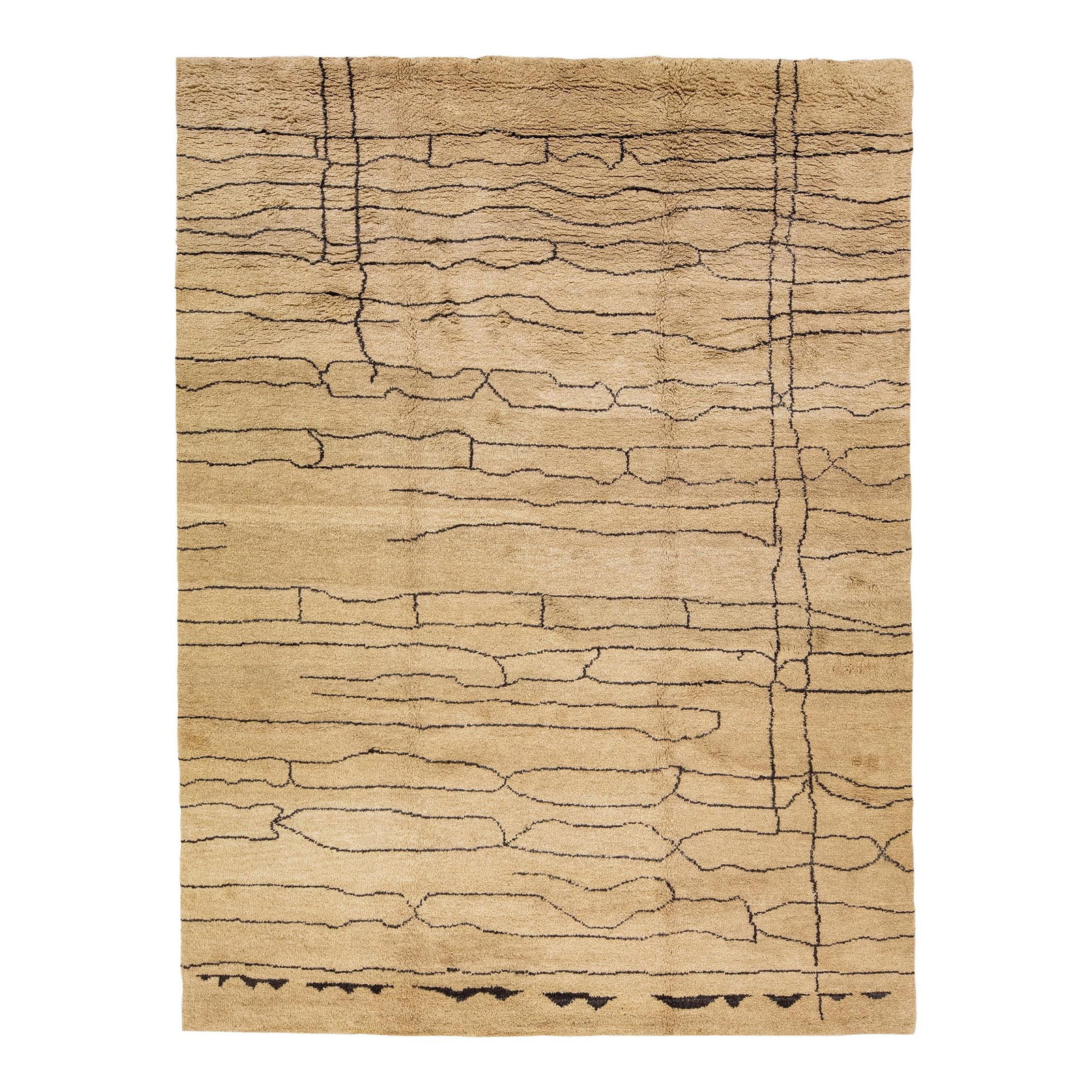 Handmade Modern Moroccan Brown Wool Rug 9' x 12' Geometric Design: Handmade Modern Moroccan Brown Wool Rug 9' x 12' Geometric Design Enhance your space with this stunning modern Moroccan style hand-knotted wool rug. Featuring a rich brown field accented with bold bla