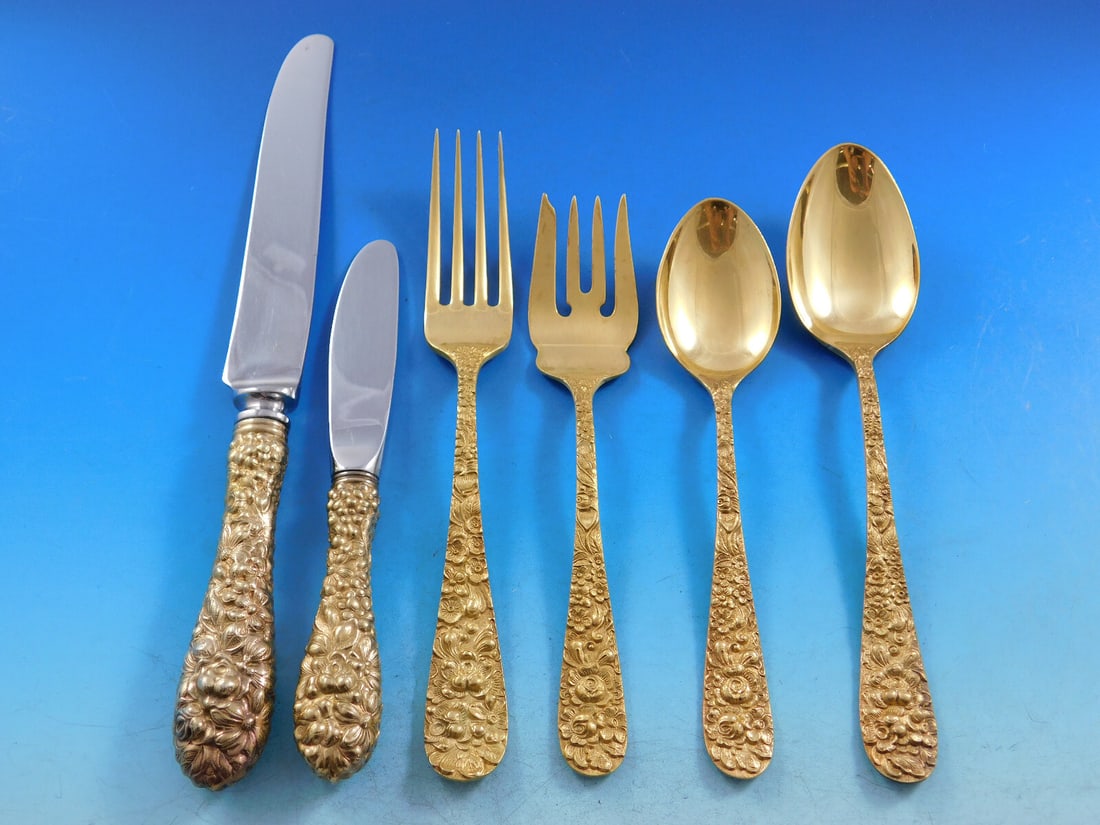 Stieff Rose Vermeil Sterling Silver Flatware Set 24 Pieces with Caddy: Stieff Rose Vermeil Sterling Silver Flatware Set 24 Pieces with Caddy Elevate your dining experience with this exquisite 24-piece flatware service set from Stieff, featuring the elegant Rose pattern. 