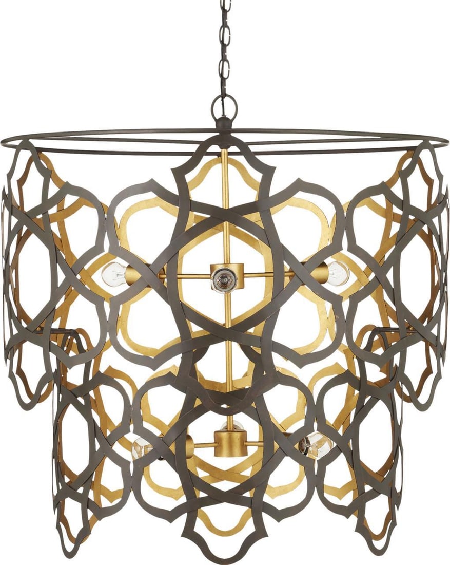 Currey Moorish Style Bronze Gold Leaf Chandelier 6 Light Dimmable: Currey Moorish Style Bronze Gold Leaf Chandelier 6 Light Dimmable Illuminate your space with this exquisite chandelier featuring a stunning combination of bronze and gold leaf finishes. This contempor
