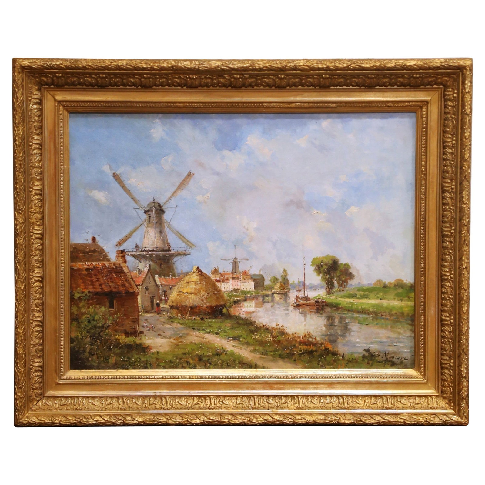 French Windmill Canal Scene Oil Painting by Gustave Mascart c 1890: French Windmill Canal Scene Oil Painting by Gustave Mascart c 1890 This late 19th century French oil on canvas painting by Gustave Mascart (1834-1914) features a tranquil riverside landscape with a tr