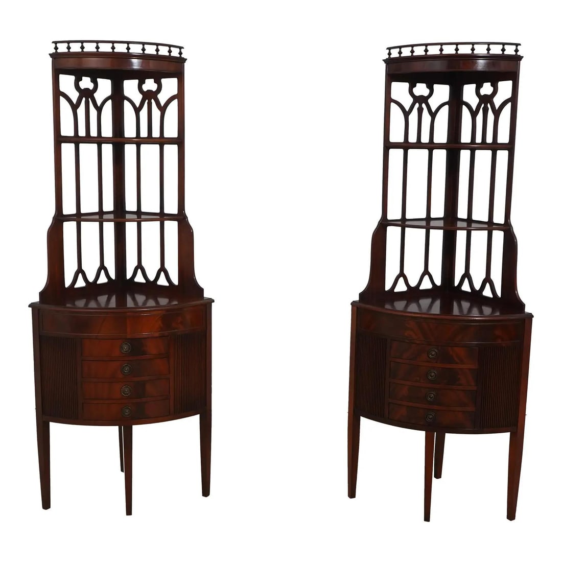 Vintage Mahogany Corner Cabinets with 4 Drawers and Carved Details: Vintage Mahogany Corner Cabinets with 4 Drawers and Carved Details This exquisite pair of 4-tier, 4-drawer corner cabinets showcases high-quality mahogany construction, reflecting traditional style an