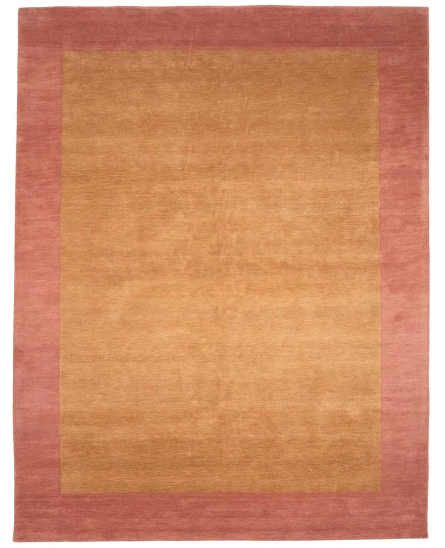 Hand-Knotted Modern Area Rug 9x12 ft Wool Bordered Design: Hand-Knotted Modern Area Rug 9x12 ft Wool Bordered Design This is a pre-owned modern hand-knotted area rug crafted from wool, featuring a bordered pattern in gold and rusty red hues. The rectangular r