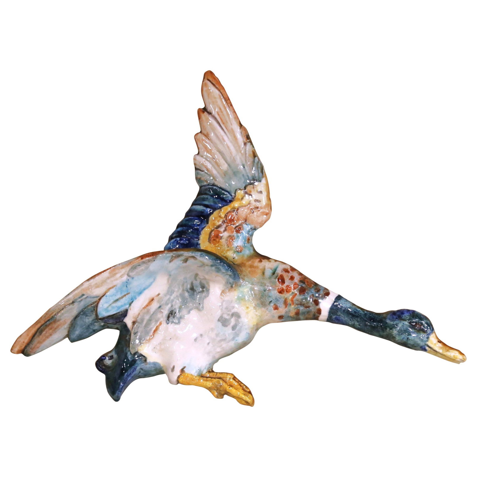 Art Nouveau French Faience Mallard Duck Wall Plaque by Edmond Lachenal: Art Nouveau French Faience Mallard Duck Wall Plaque by Edmond Lachenal This antique French wall sculpture, crafted circa 1900 by renowned ceramicist Edmond Lachenal, features a dynamic depiction of a 
