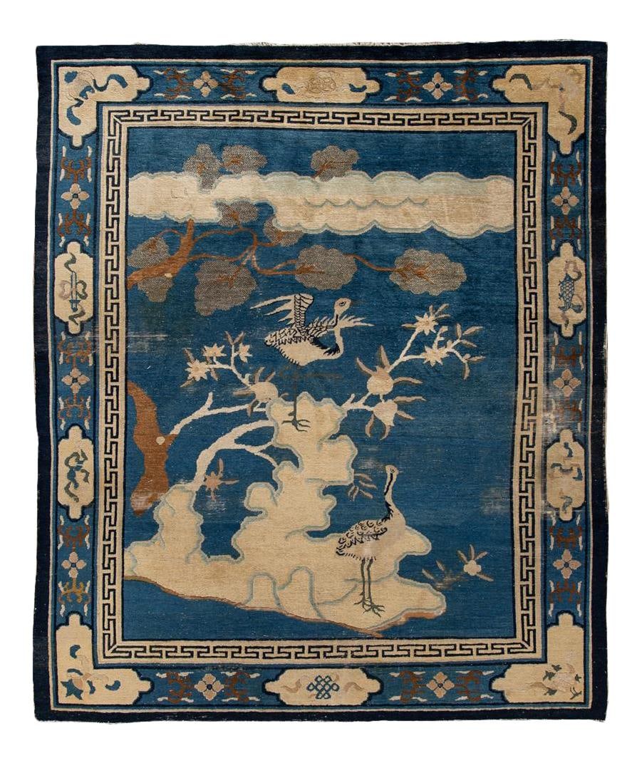 Antique Chinese Peking Bird Design Wool Rug 7'8" x 9'5": Antique Chinese Peking Bird Design Wool Rug 7'8" x 9'5" Discover the elegance of this antique Chinese Peking rug, meticulously hand knotted from high-quality wool. Featuring a serene blue field adorne