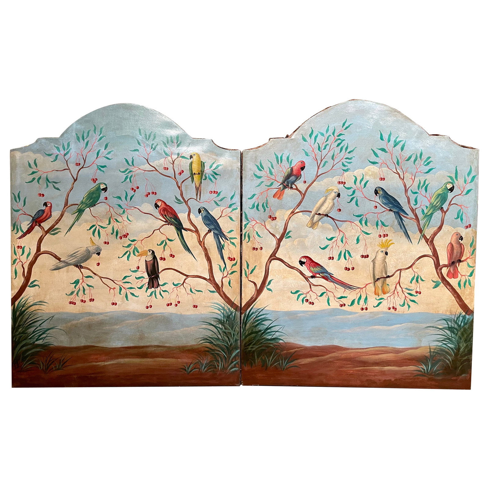 Set of 2 Italian Mid-Century Hand-Painted Parrot Panels with Arched Frames: Set of 2 Italian Mid-Century Hand-Painted Parrot Panels with Arched Frames This pair of mid-century Italian hand-painted panels features vibrant depictions of exotic birds, including macaws, cockatoos