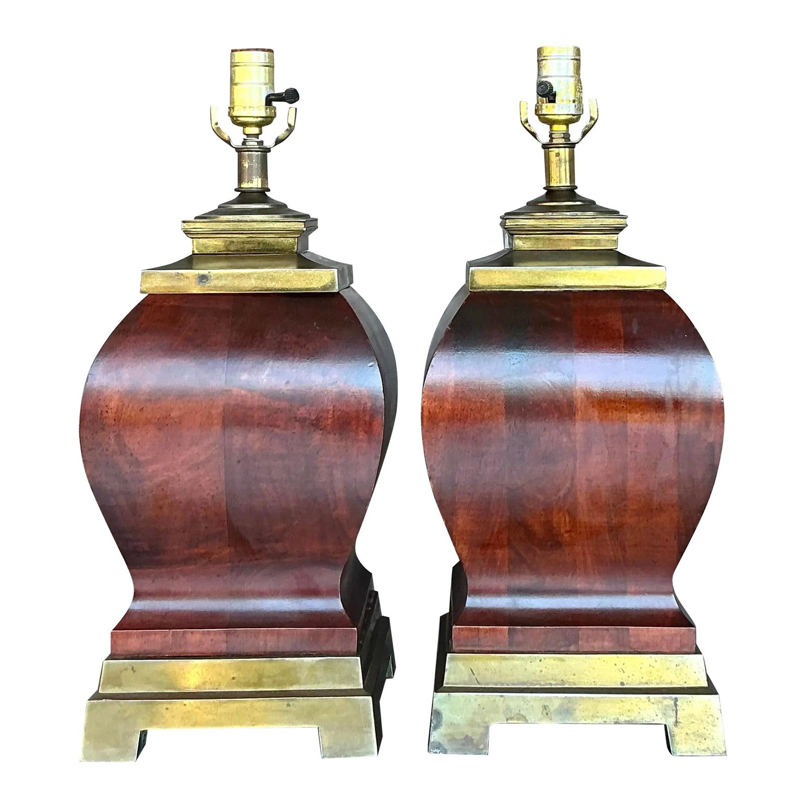 Vintage Boho Pair of Wood and Brass Lamps 18 Tall: Vintage Boho Pair of Wood and Brass Lamps 18 Tall This exquisite pair of vintage wood and brass lamps combines timeless elegance with a striking, sculptural design. Featuring gracefully curved wood bo