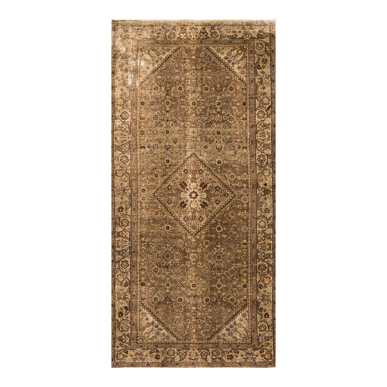 Antique Persian Mahal Brown Floral Wool Rug 5'1 x 10'8 Handmade: Antique Persian Mahal Brown Floral Wool Rug 5'1 x 10'8 Handmade Discover the elegance of this antique Persian Mahal rug, meticulously hand-knotted from high-quality wool. Featuring a rich brown field 