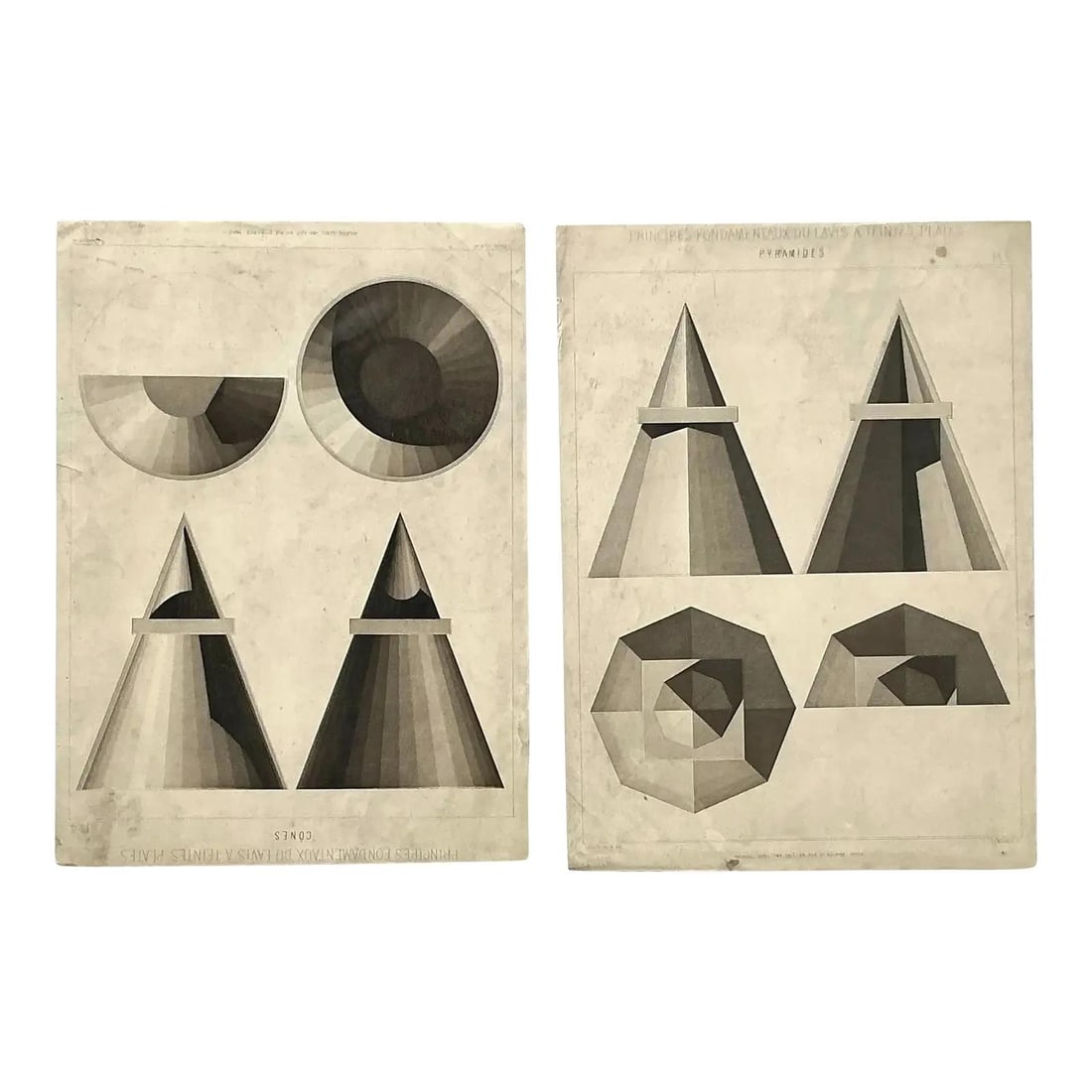 Pair of Vintage Geometric Sphere and Shape Engraving Prints Set of 2: Pair of Vintage Geometric Sphere and Shape Engraving Prints Set of 2 This set includes two vintage geometric engravings featuring detailed renderings of spheres, cones, and prisms with a monochromatic