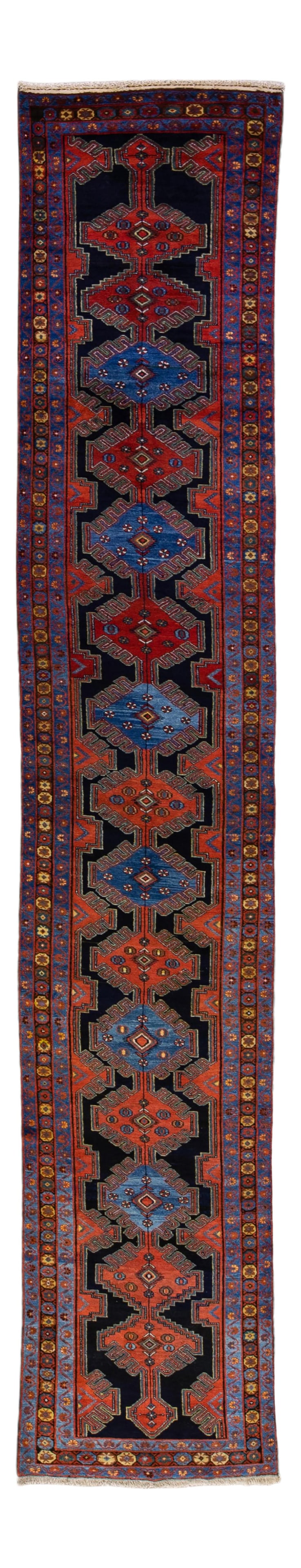 Antique Persian Malayer Wool Runner 3'3 x 18'4 Tribal Design: Antique Persian Malayer Wool Runner 3'3 x 18'4 Tribal Design This exquisite Antique Persian Malayer runner showcases a stunning hand-knotted wool construction with a deep ink-blue field. The design fe