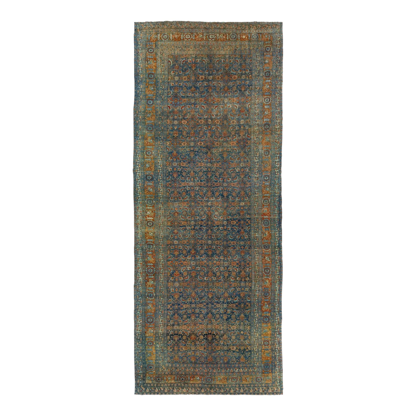 Antique Bidjar Wool Runner 6'4 x 16 Allover Floral Design: Antique Bidjar Wool Runner 6'4 x 16 Allover Floral Design This exquisite antique Bidjar runner features a stunning navy blue color field, adorned with a beautifully designed rusted frame and delicate 