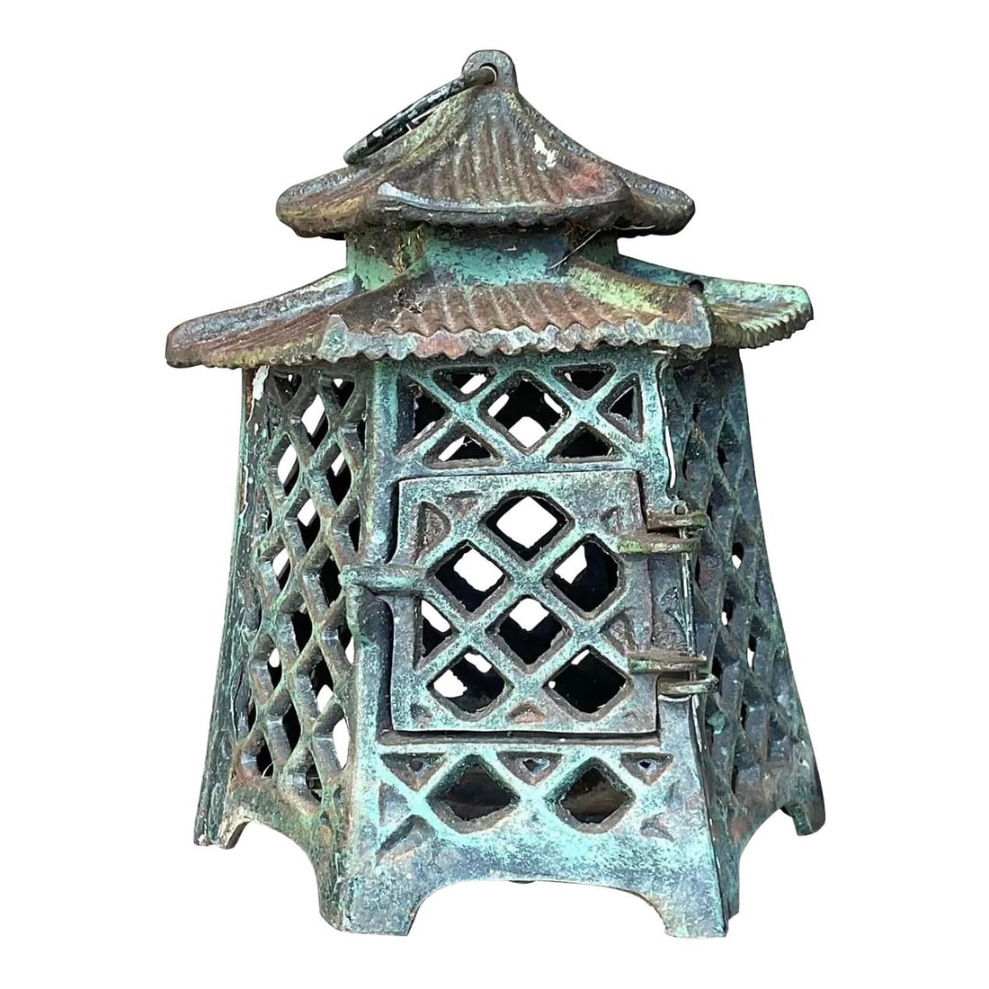 Vintage Asian Wrought Iron Pagoda Lantern Ebony 8.5 inches: Vintage Asian Wrought Iron Pagoda Lantern Ebony 8.5 inches This exquisite vintage Asian lantern features a chic pagoda design crafted from heavy wrought iron. The piece showcases a beautiful ebony col