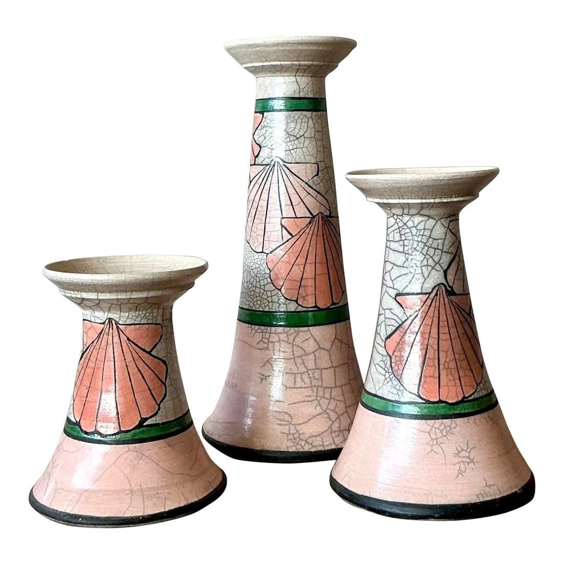 Ceramic Scallop Shell Pillar Candle Holder Trio With Crackle Glaze Finish: Ceramic Scallop Shell Pillar Candle Holder Trio With Crackle Glaze Finish This vintage set of three ceramic candle holders features a graduated design inspired by Art Deco Revival and coastal bohemian