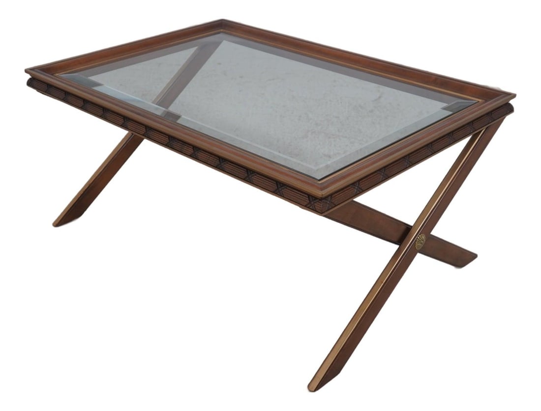 Regency Inspired Coffee Table with Beveled Glass Top and Gold Accents: Regency Inspired Coffee Table with Beveled Glass Top and Gold Accents This Regency style coffee table features a beveled glass top set within a high-quality frame with carved edge detailing and gold