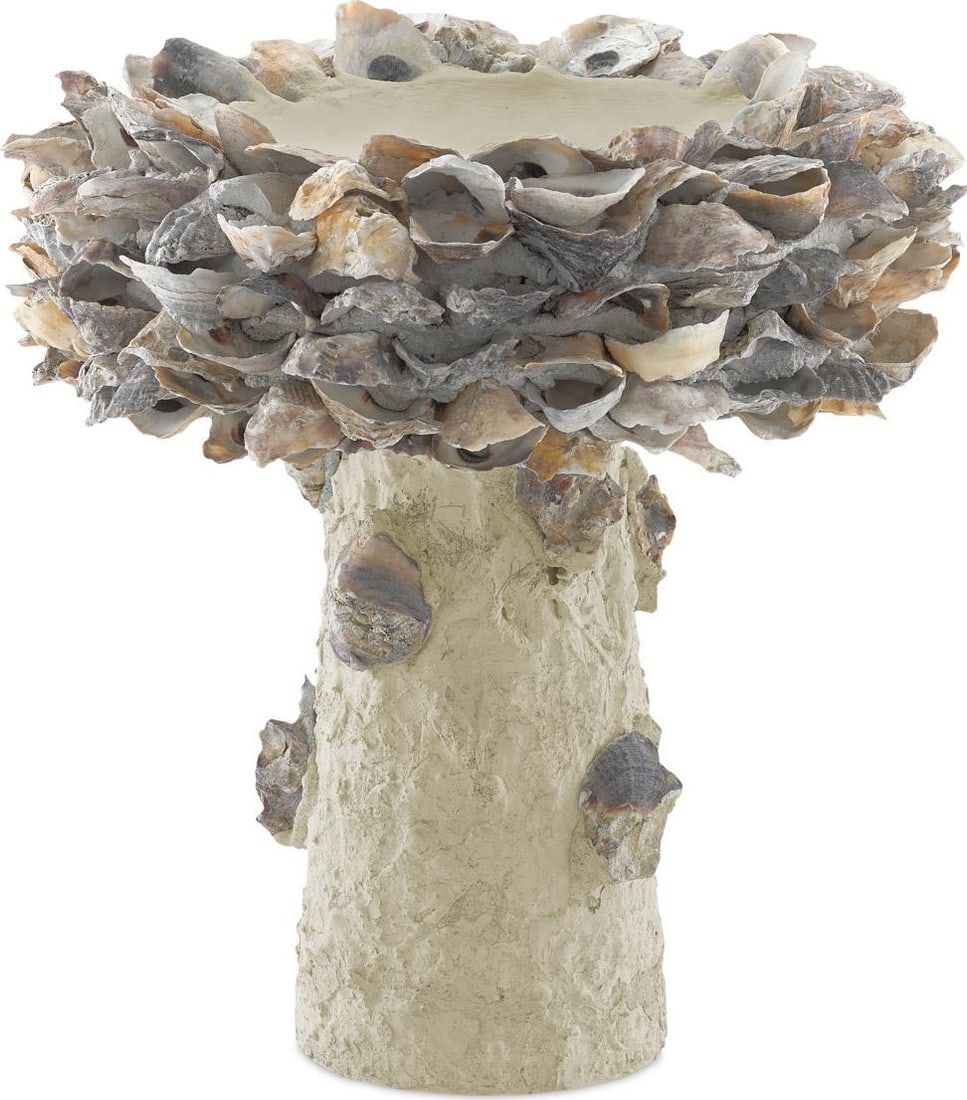 Currey Portland Oyster Shell Birdbath for Small Gardens 14H: Currey Portland Oyster Shell Birdbath for Small Gardens 14H Enhance your garden with this charming oyster shell birdbath, perfect for small spaces. Crafted from a unique blend of brass, concrete,