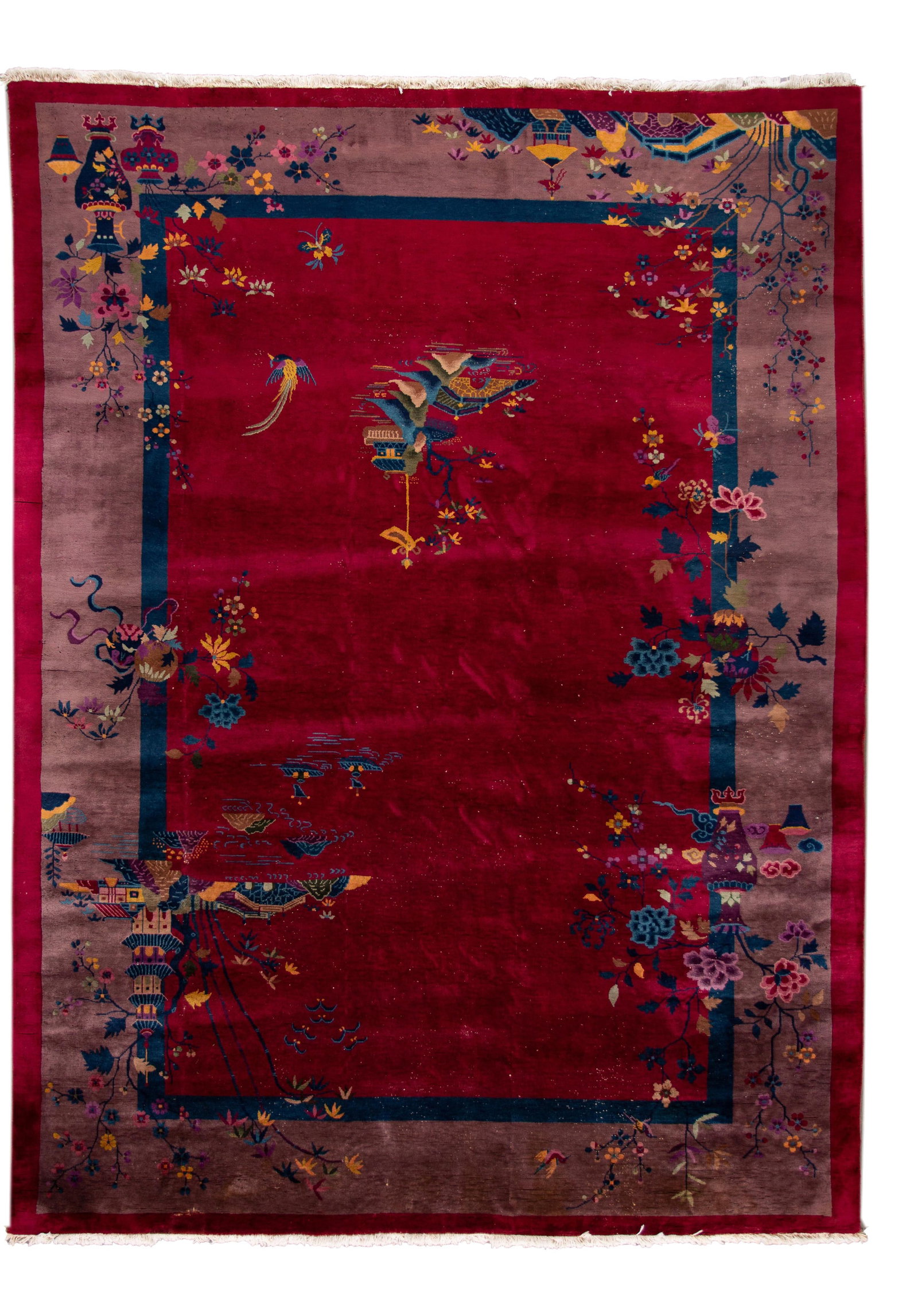 Antique Chinese Art Deco Wool Rug 9'11" x 13'6" Floral Design: Antique Chinese Art Deco Wool Rug 9'11" x 13'6" Floral Design Enhance your space with this exquisite Vintage Chinese Art Deco Wool Rug, featuring a stunning cherry red field and a light pink frame ado