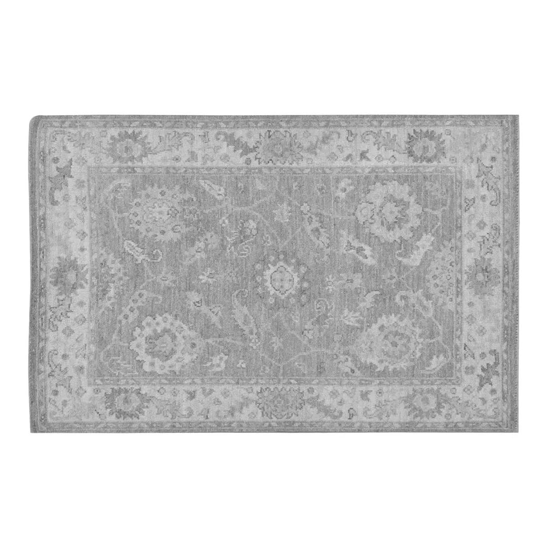 Stone Gray Wool Oushak Rug Hand Knotted 4'x6' Turkish: Stone Gray Wool Oushak Rug Hand Knotted 4'x6' Turkish This Turkish Oushak rug is hand-knotted from high-quality wool using traditional rug-making techniques. It features a stone gray color and a soft,
