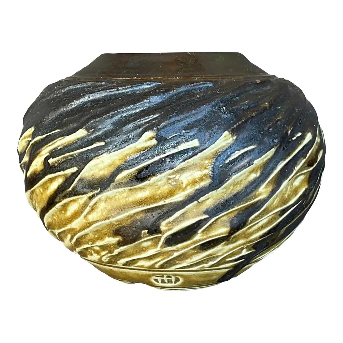 Handcrafted Bohemian Studio Pottery Vase Signed by Artisan: Handcrafted Bohemian Studio Pottery Vase Signed by Artisan This vintage Boho-style studio pottery vase showcases a textured, organic design with sweeping patterns inspired by the movement of wind and 